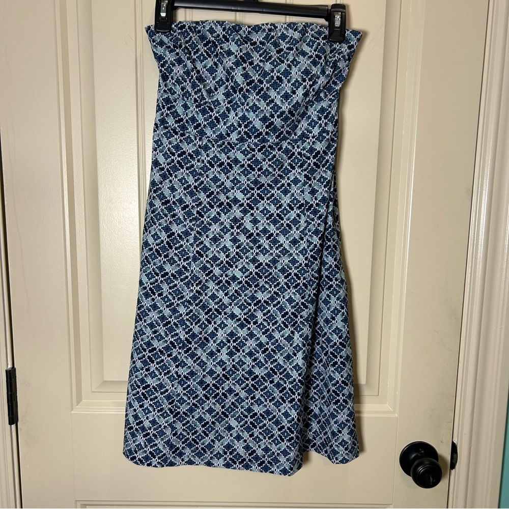 Athleta Strapless Anywhere Dress, Blue Geo, Featherweight Stretch AboveKnee, XS